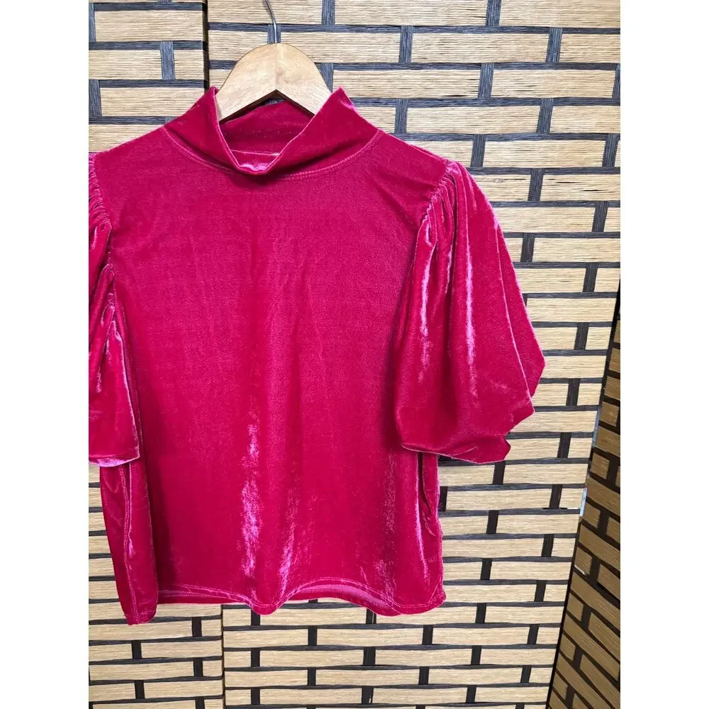 Free People‎ Pink Velvet Puff Sleeve Mock Neck Top Size Small